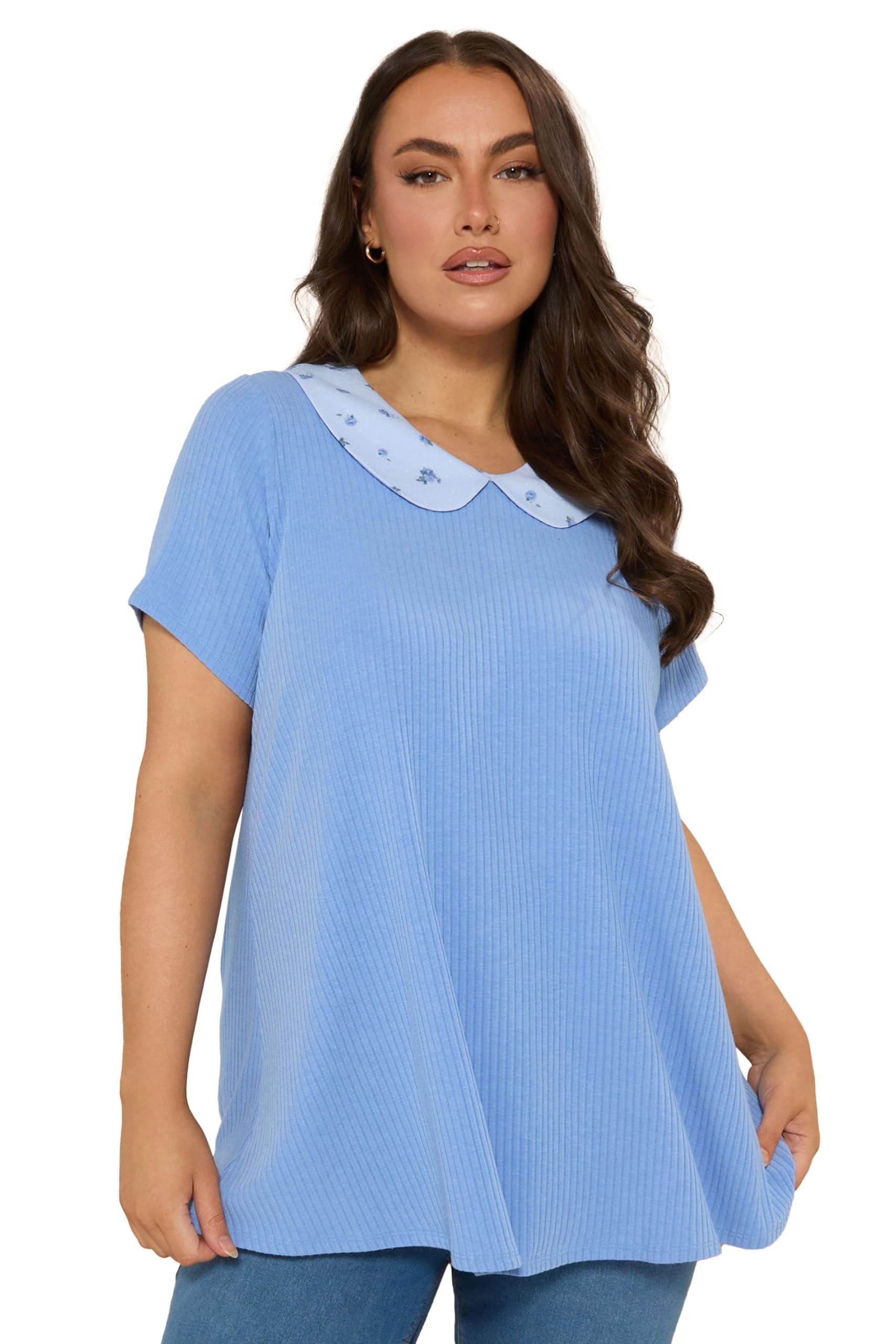 Yours Women's Blue Ditsy Floral Ribbed Swing Top Size 26-28