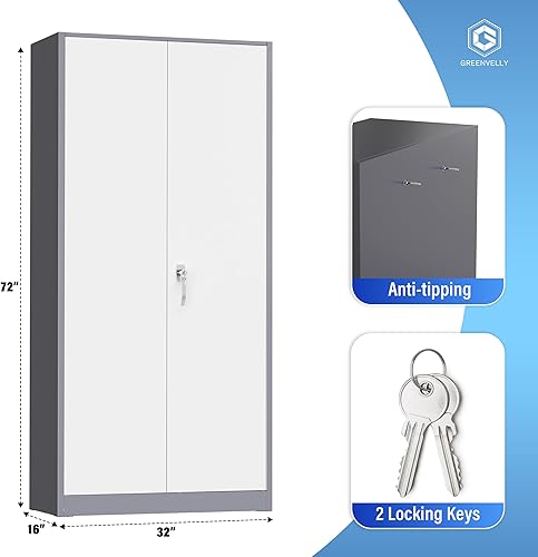 Miniatura 3 de Greenvelly Armario de almacenamiento de metal para garaje, gabinete de almacenamiento de acero de 72 pulgadas con 2 puertas y 4 estantes ajustables,