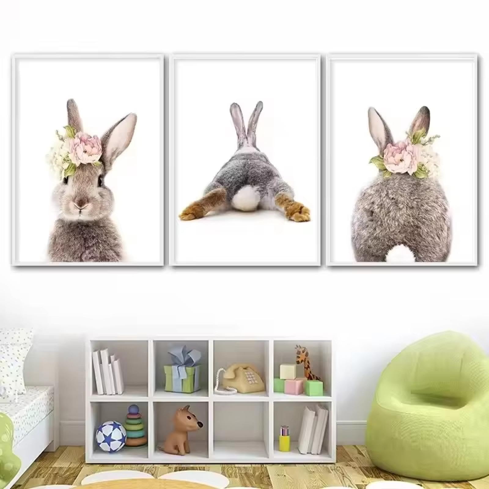 Póster e impresión de lienzo con diseño de conejo de guardería, pintura de acuarela con flores y animales, decoración para dormitorio de niñas, 70x90cm (28x35in) x3, sin marco