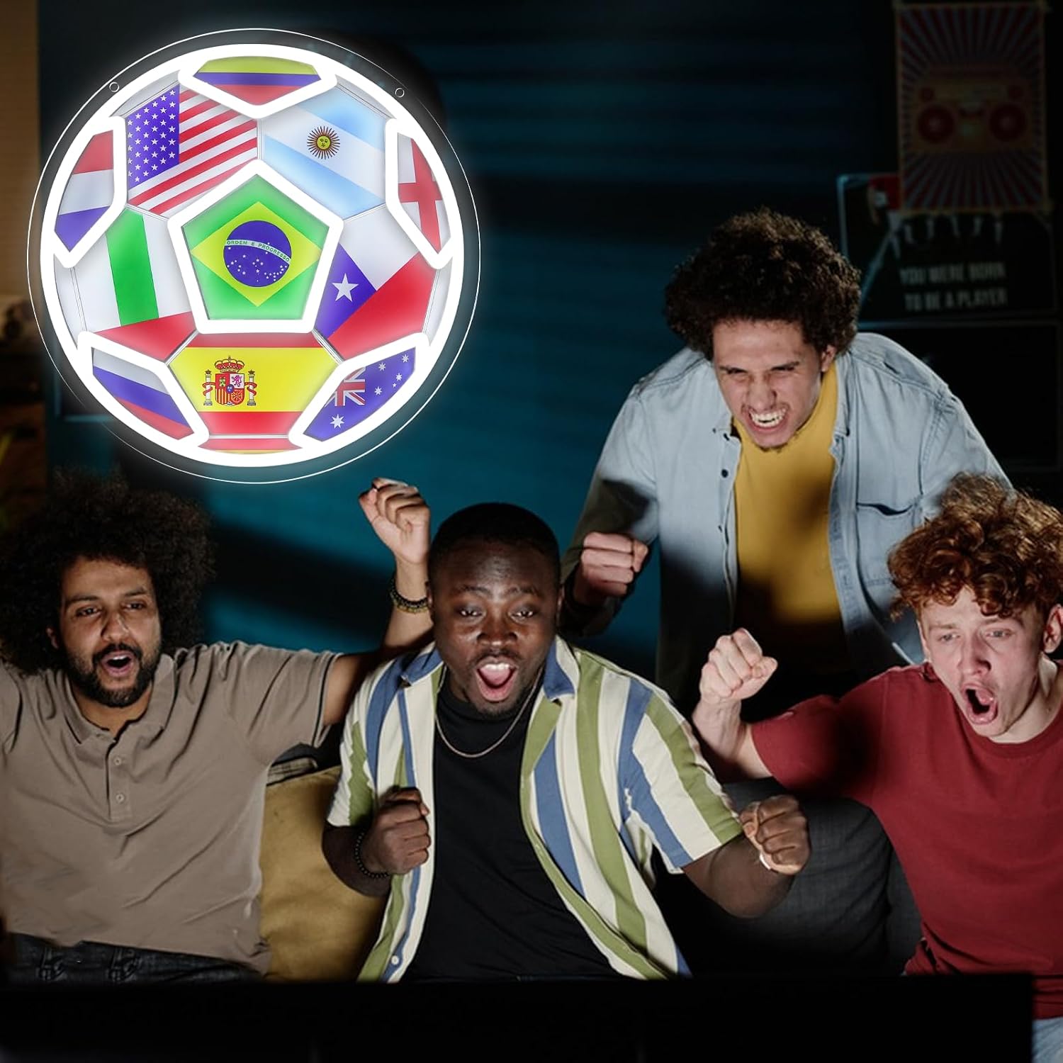 World Flag Soccer Neon Sign, 12.2"×12.2" Dimmable LED Football Neon Light, Acrylic Backboard Wall Decor with Hanging Holes for Sports Bar, Bedroom, Man Cave, USB Powered