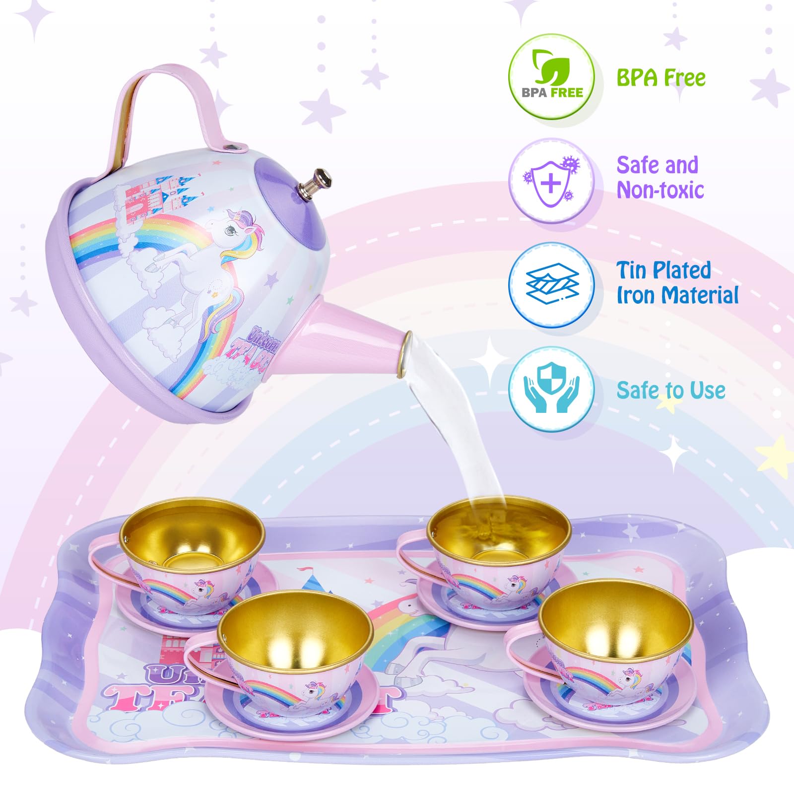 Set da tè per bambini, 33 PCS Set Cucina Bambini da Festa del tè con Vassoio per Cibo e Dessert Teiera Accessori da Cucina per Bambini Ragazze Gioco di Finzione,Unicorno