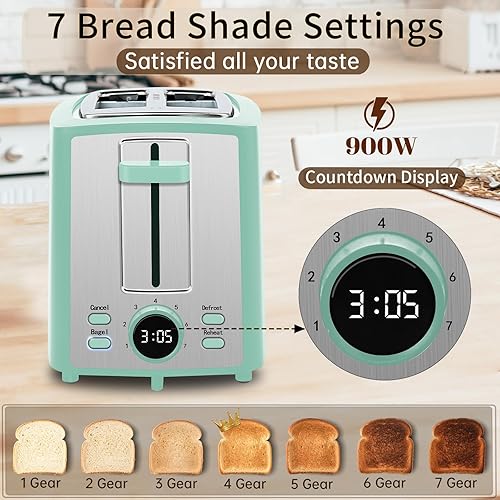 Miniatura 2 de SEEDEEM Tostadora de 2 rebanadas, tostadora de pan con pantalla LCD, 7 ajustes de sombra, tostadora variable de ranuras extra anchas de 1.4 pulgadas