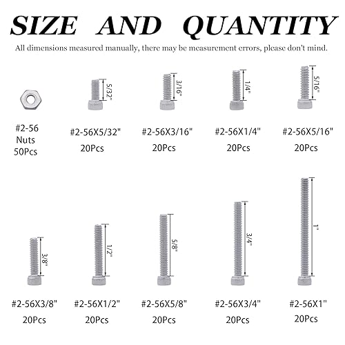 Miniatura 2 de Kit surtido de tornillos de cabeza hexagonal, tornillos y tuercas 2-56 UNC, kit surtido de tornillos de máquina 304 de acero inoxidable 304, rosca