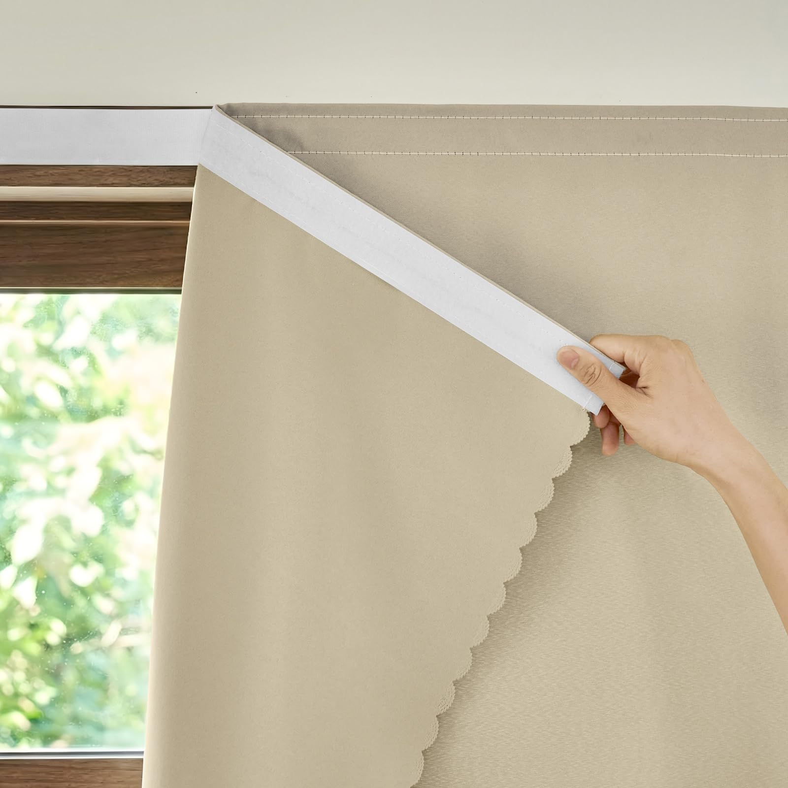 AJAZZ Adhesive Floor To Ceiling Blackout Curtains, Self Stick Room Darkening, Home Theater, 59" W X 96" L, Beige, 1 Panel