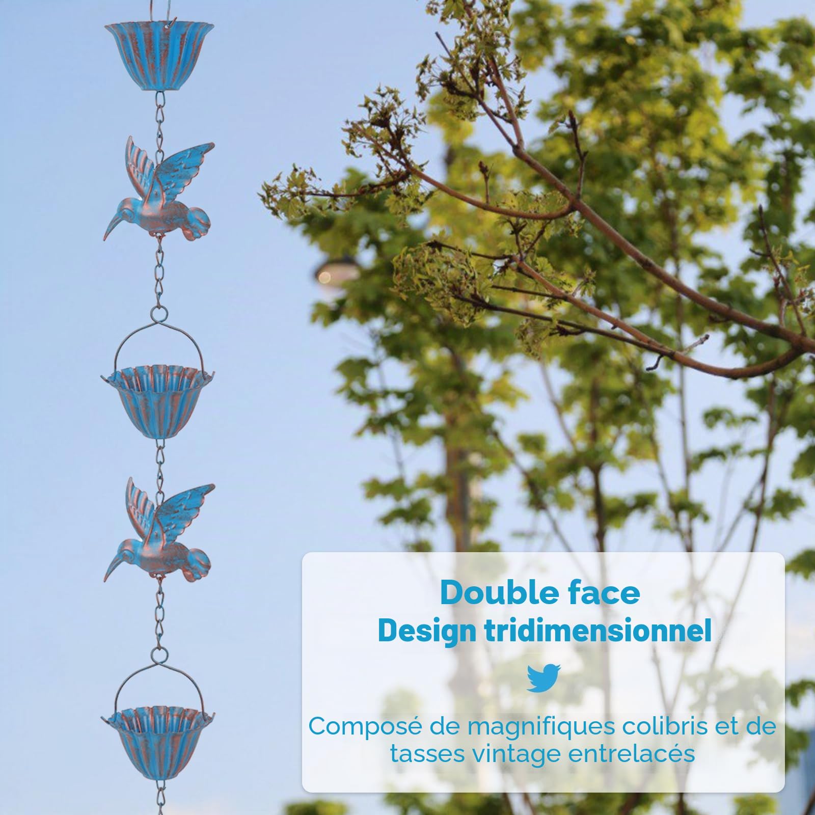 Tefola Chaîne de pluie de 2,4 m avec colibris – Chaîne d'évacuation des eaux pluviales en métal bleu rétro, 7 oiseaux et 7 coupelles pour gouttières, décoration de jardin et de maison