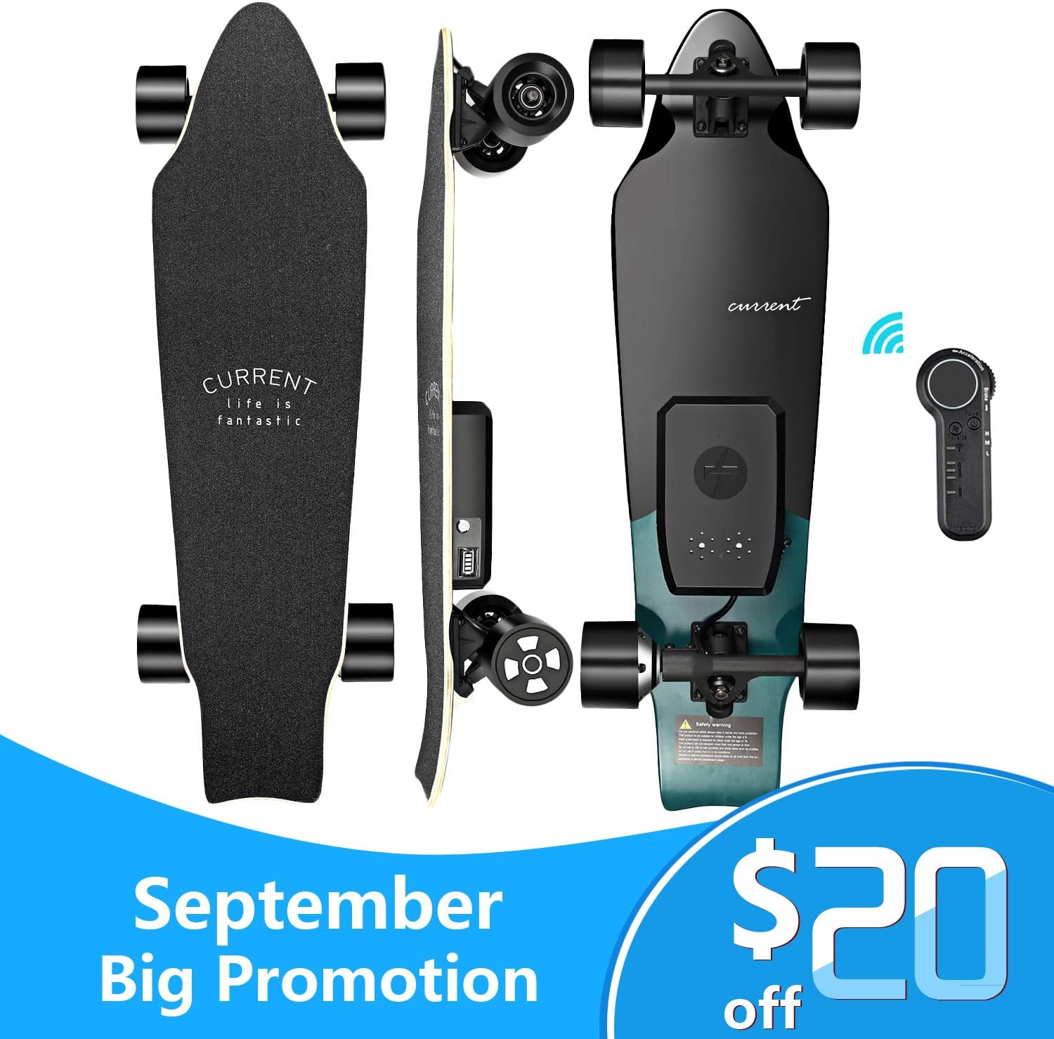 Current X1 Electric Skateboard Longboard 6.5-8.5 Miles Max Range | 18 MPH Top Speed 450W Hub Motor Recommended Max Load 220 Lbs
