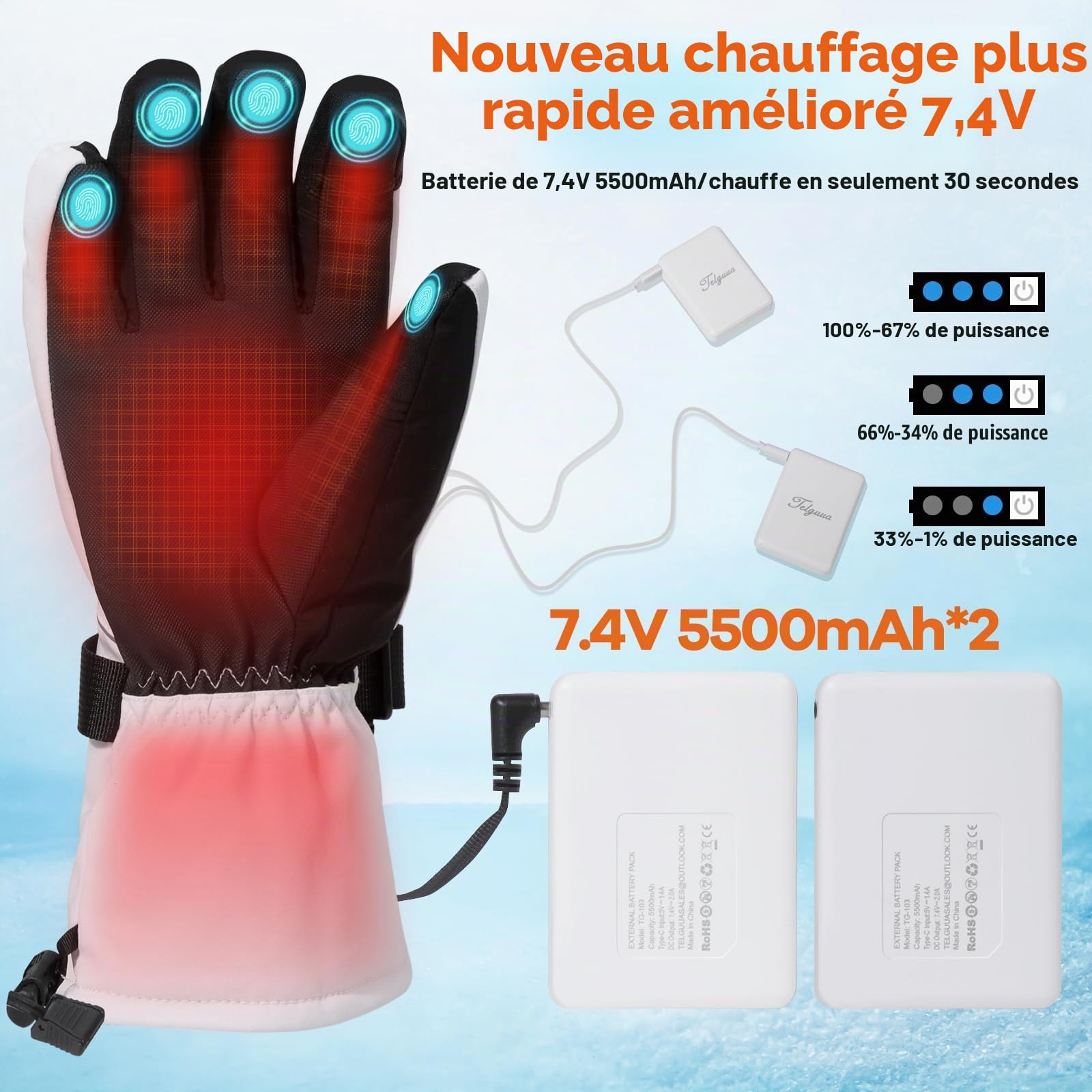 Telguua Gants Chauffants pour Femme et Homme,Touchables à l’écran Gant Chauffants avec Batterie Rechargeable 7.4V 5500mAh Chauffage Plus Rapide/Stable,3 Températures Réglables, pour Moto,Cyclisme,Ski