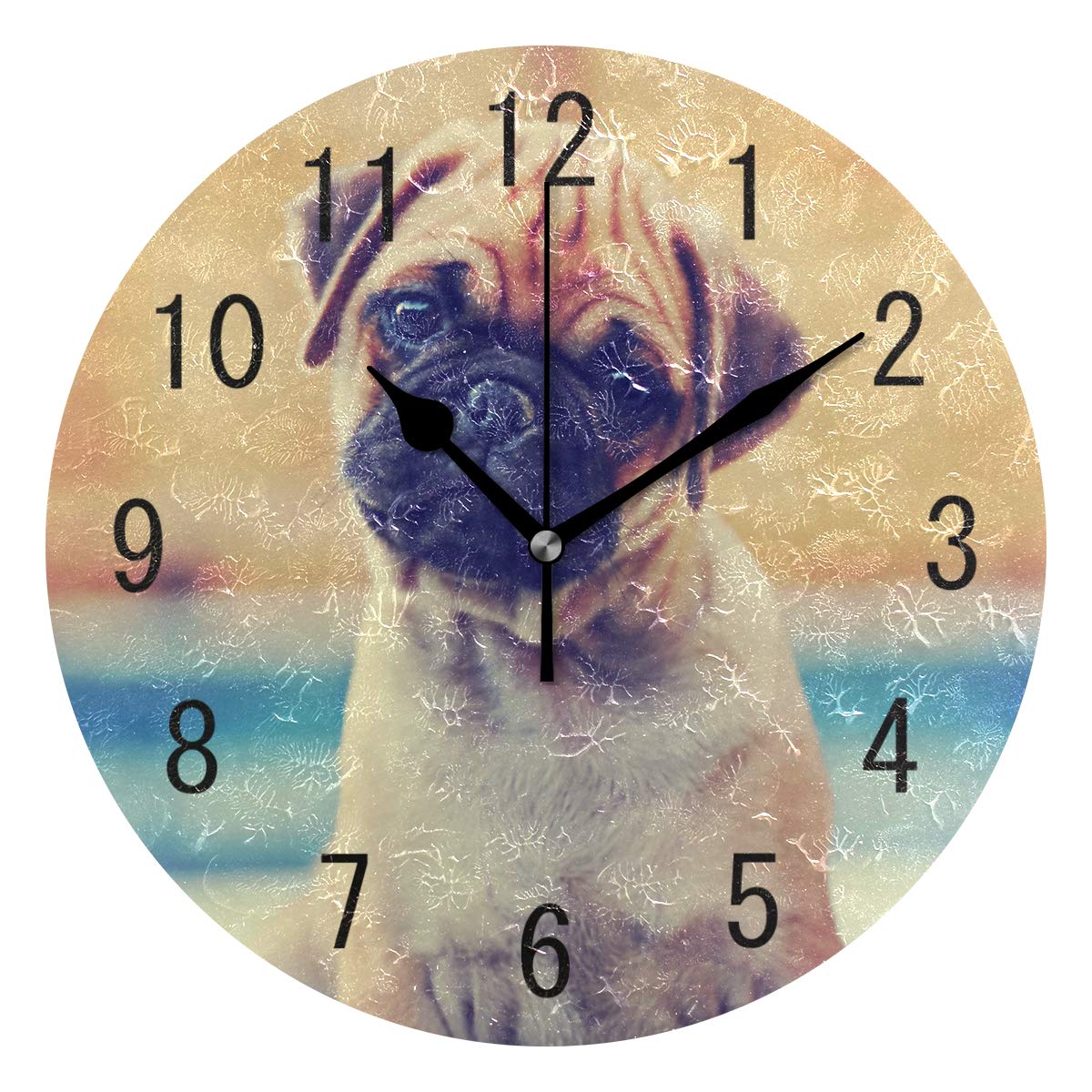 Domoko Home Decor Cute Puppy Pug Dog Round Acrylic Wall Clock Non Ticking Silent Clock Art for Living Room Kitchen Bedroom