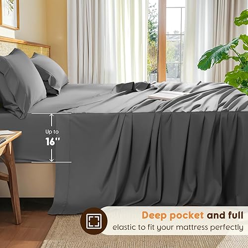 Miniatura 3 de LBRO2M 100% Bam-Boo Bed Sheet,Cooling 1800 Thread Count Sheet,16 Inches Deep Pocket,Bedding Super Soft Silky (King, White-2-2)