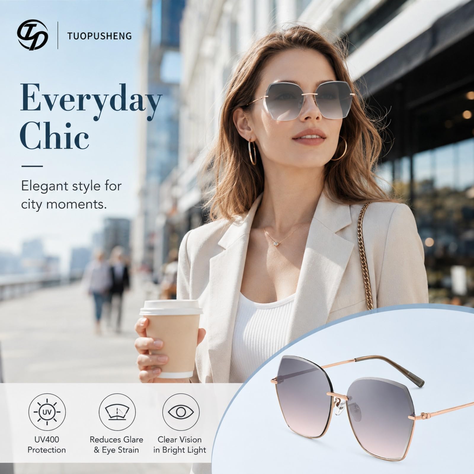 LVJMJ - Gafas de sol de nailon sin montura para hombre y mujer, UV400 Cat 3, montura dorada, lentes degradadas para conducción