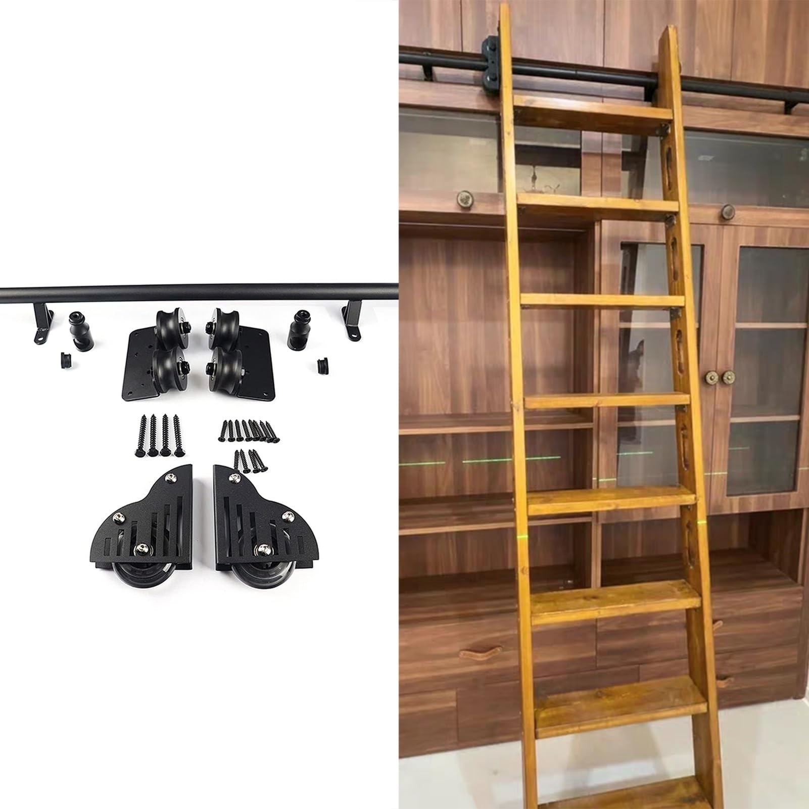 DONGGANSHI Rolling Ladder Hardware Kit 3.3FT-24FT Black Round Track Library Sliding Ladder Full Set Rail Accessories with Braking Floor Wheels(No Ladders)(4ft/122cm Track Kit)