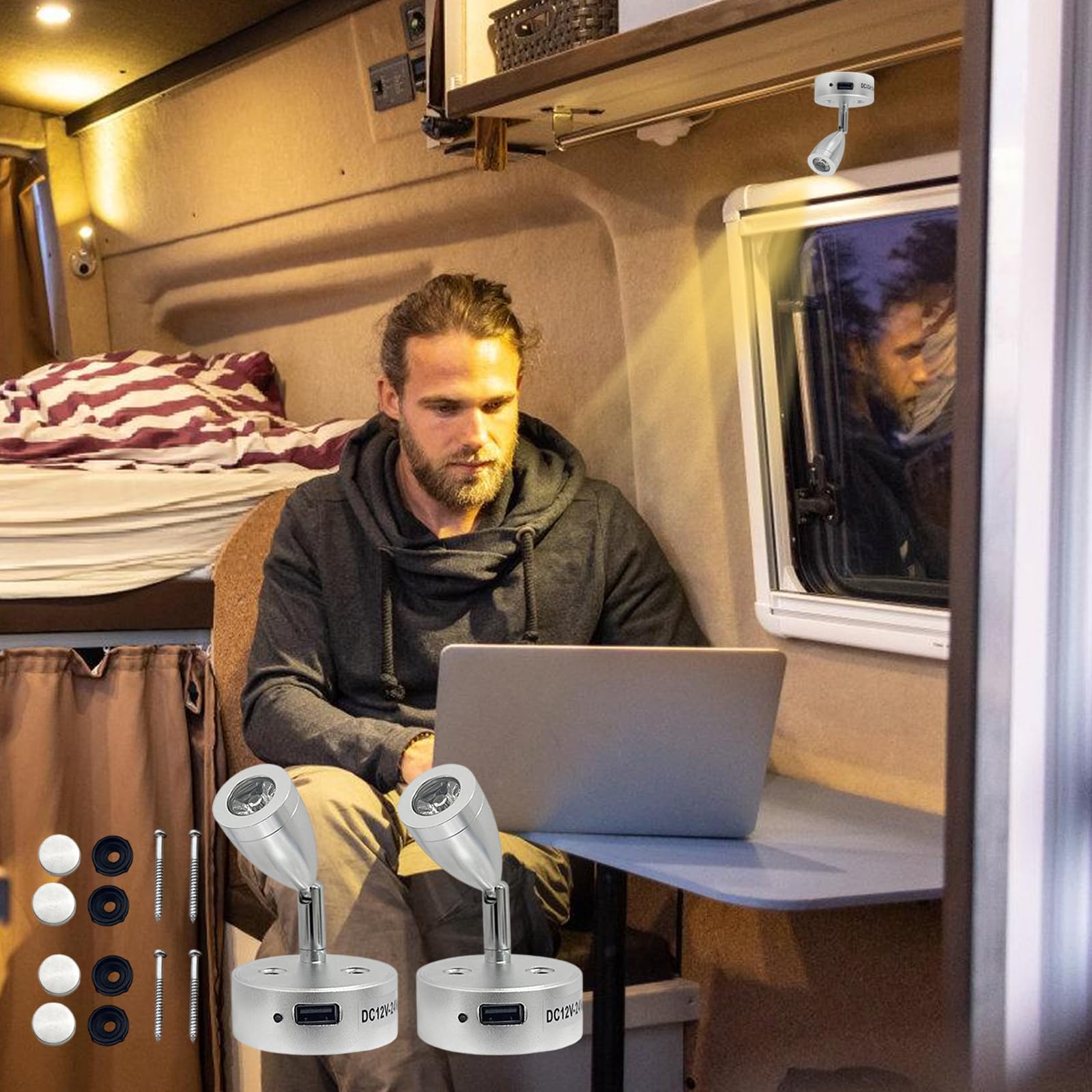 Lampes LED 12 V pour camping-car 12 V - Intensité variable - Lampe de lecture 12 V - Avec port de charge USB - Lampe de caravane - Interrupteur tactile 3200 K - Pour caravane, voiture, camping-car