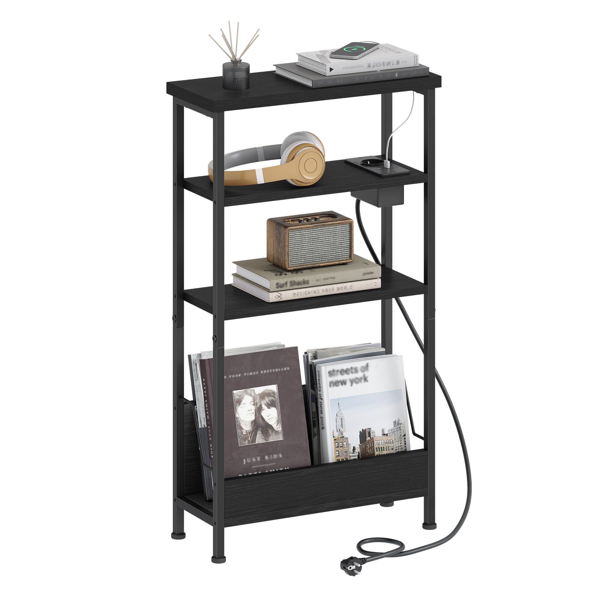 Hzuaneri Mesa Auxiliar Estrecha de 4 Niveles con Portarevistas y Toma de Carga, Mesita para Sofá de Salón, Dormitorio, Estudio, Negro ET40004BEU