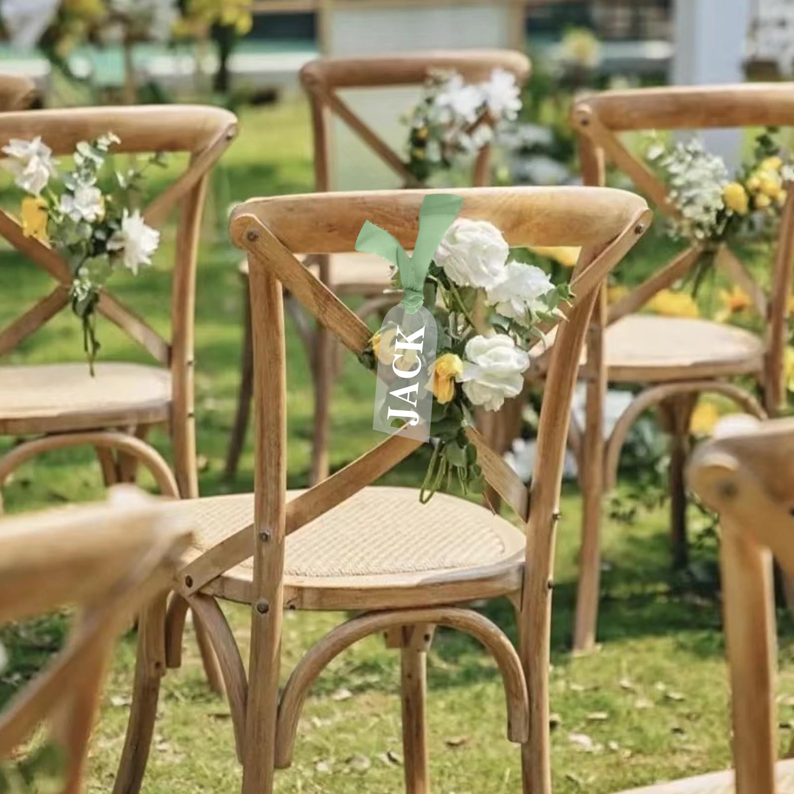 30 Targhette per nomi di nozze in acrilico +un rotolo di nastro Verde,segnaposto in acrilico per matrimoni,Espositore da tavolo in Acrylic,Arco Acrylic nome matrimonio (Trasparente + Verde)