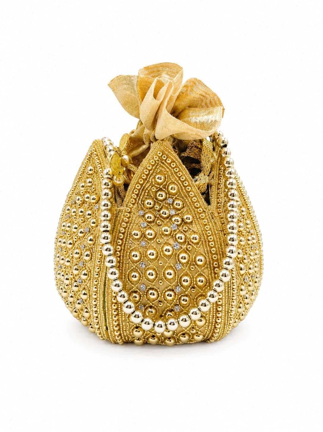 Gold Beaded Potli Bag, Pearl Embellished, Satin Drawstring Clutch, Wedding, Gala Evening, Cocktail Party-image-16