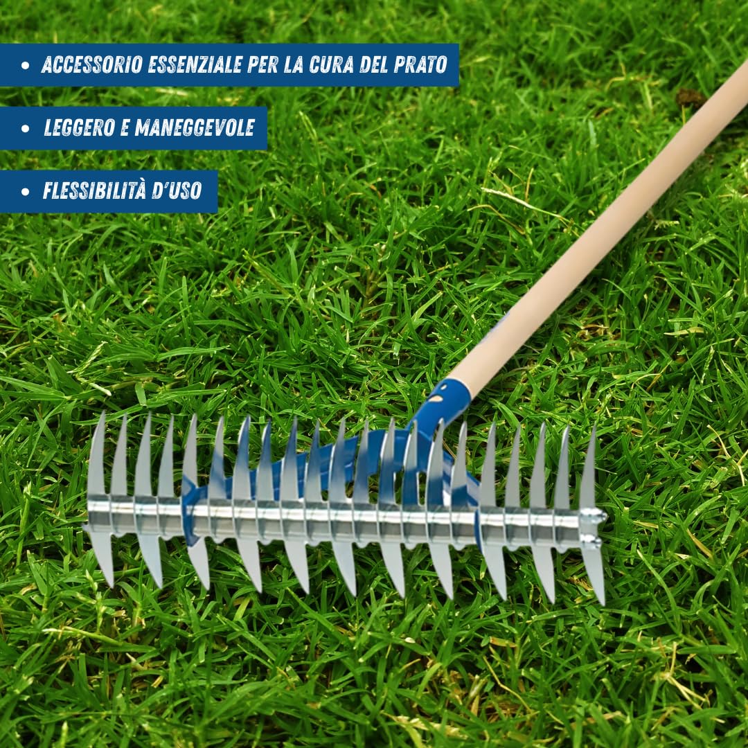 Rastrello Sarchiatore in Acciaio Zincato 32 Denti – 37x13x25 cm – Arieggiatore Manuale per Prato, Attrezzo Professionale per Giardinaggio, Orto, Togli Erbacce, Accessorio Scarificatore (C/MANICO)