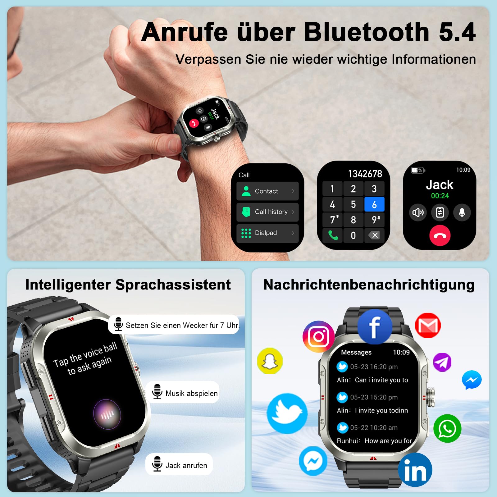 Jugeman Smartwatch Herren mit GPS,2.06" HD Smart Watch mit Telefonfunktion | Fitnessuhr/IP68 Wasserdicht,Sportuhr/110+ Sportmodi,Herzfrequenz/Schlafmonitor/Schrittzähler,Militär Uhr für Fitness Tracker