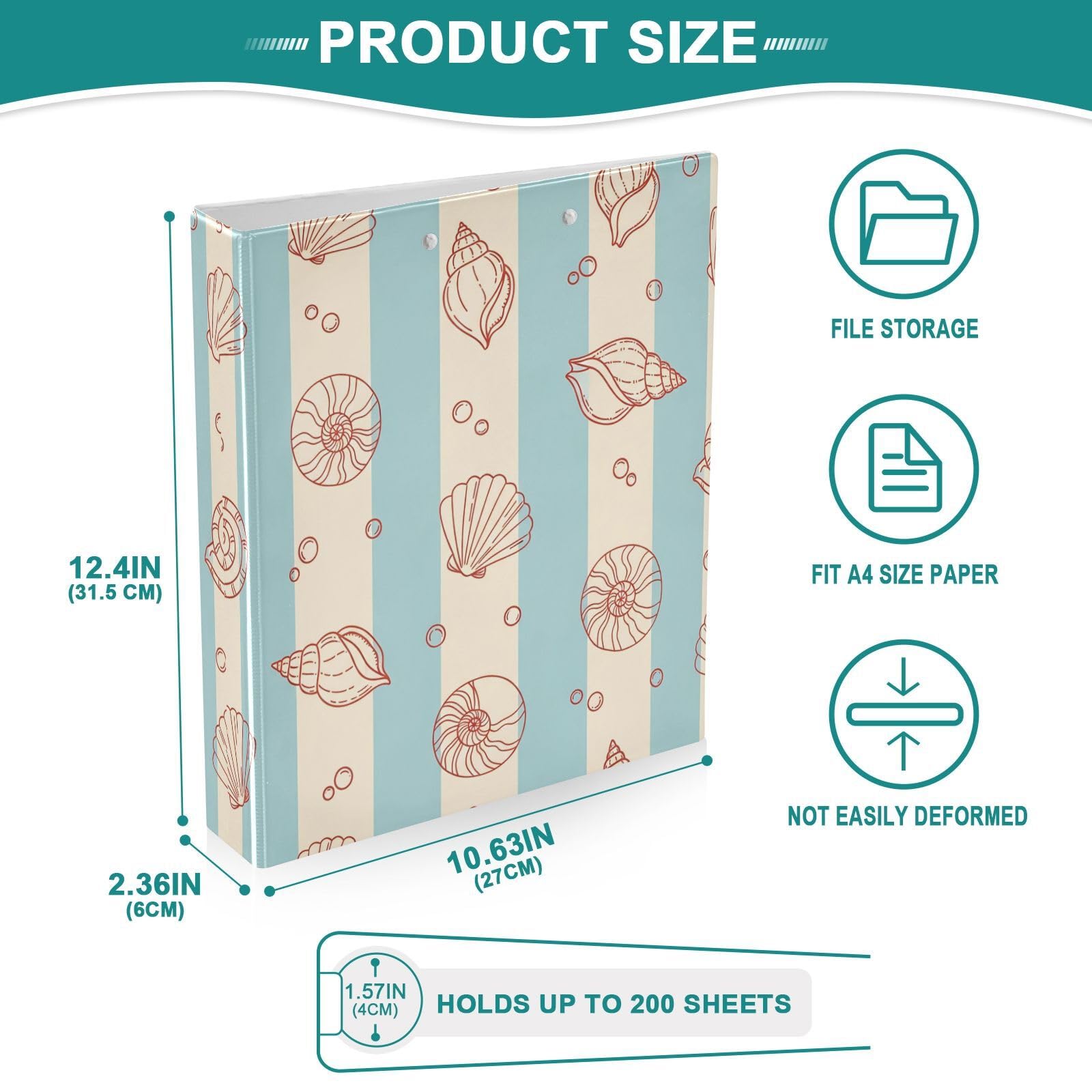 Raccoglitori a 3 anelli da 3,8 cm, motivo con conchiglie e strisce, decorativi, con clip in metallo, formato A4, organizer per casa e ufficio, confezione da 2