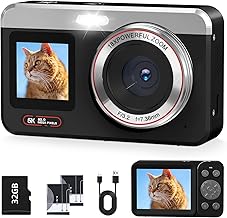 Cámara digital, cámara de vlogging 5K para fotografía, cámara digital de doble pantalla de 80 MP con enfoque automático, zoom 18X, flash, 2 baterías, tarjeta de 32 GB, color negro