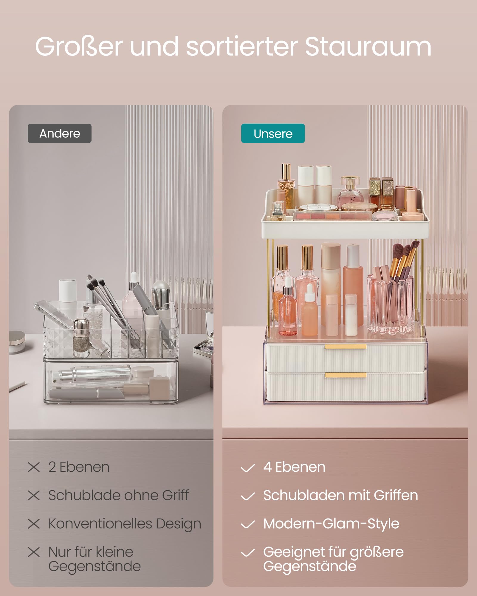 SONGMICS Make-up Organizer 4 Ebenen, Kosmetik-Organizer, 4 Trennwände, Make-up Box für Schminktisch, rutschfest, Badezimmer, Schlafzimmer, Küche, 20 x 32 x 39,1 cm, wolkenweiß JKA021W01 | Hautpflege-Organizer, 20 x 32 x 39,1 cm, Badezimmer-Theke, Waschtis