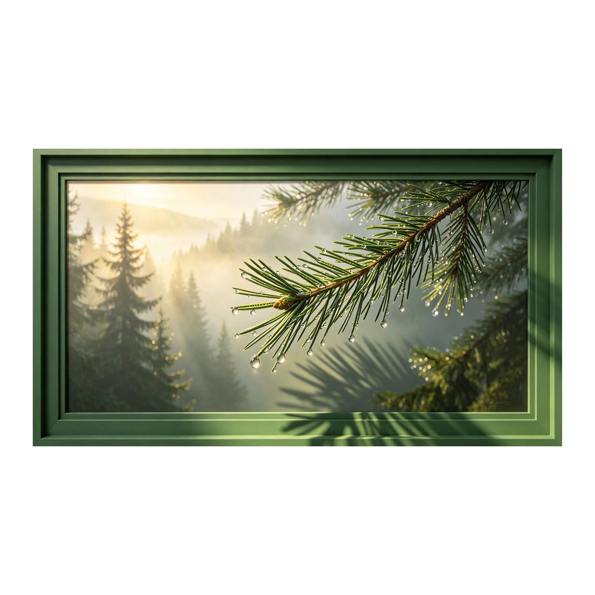 Yzpallescene 3D Framed Wall Art 50cm×100cm Misty Pine Forest Morning Dew Drops Panoramic Window View Large Size SelfAdhesive Removable Wall Decor Prints Artwork for Living Room Bedroom Office