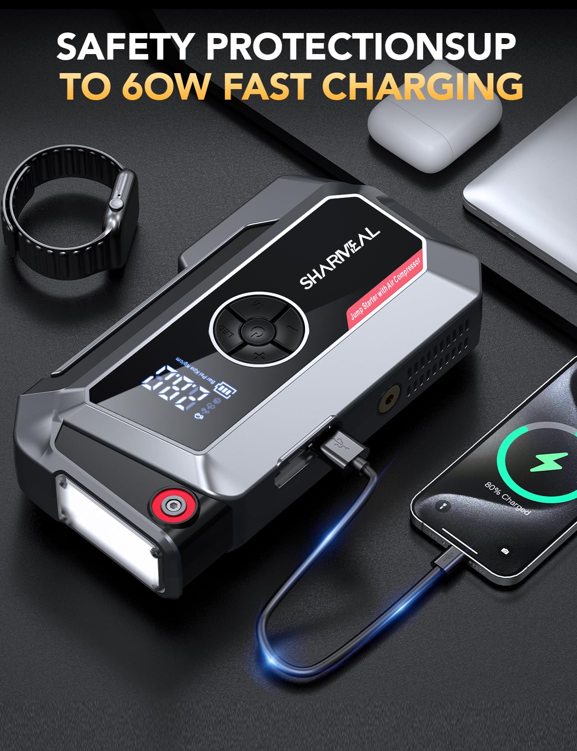 SHARMEAL 10000A 200PSl Compressore d'aria portatile per impieghi gravosi e avviatore di emergenza con display digitale, batteria per auto multifunzione 7 in 1, batteria al litio vari adattatori