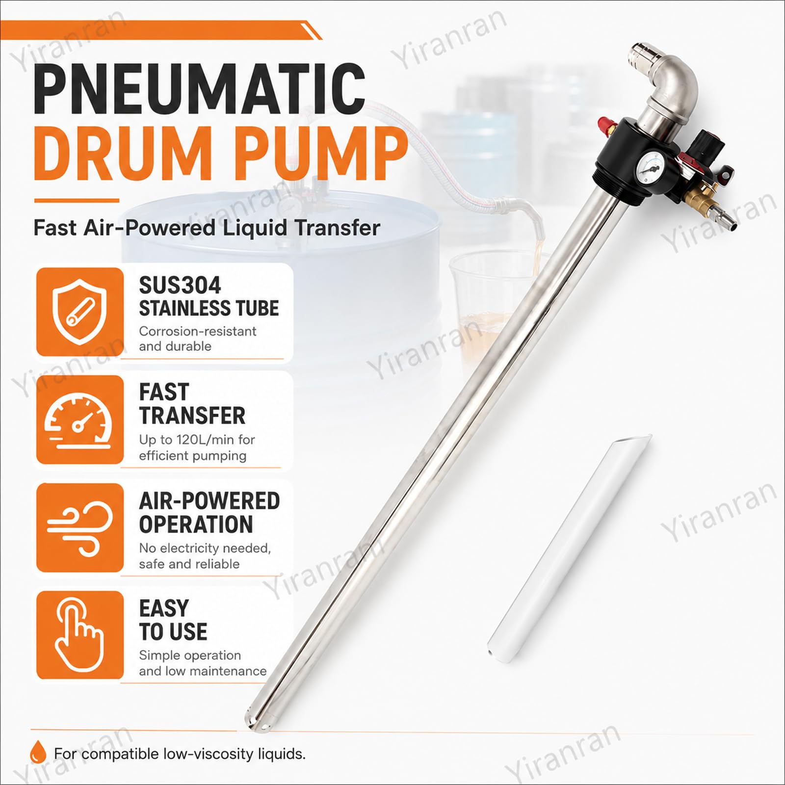 Pompe Pneumatique en Acier Inoxydable pour Produits Chimiques, Pompe De Transfert Dhuile À Air Comprimé pour Fûts, 120 L/Min, 0,6–0,8 Mpa avec Manomètre, pour Le Transport De Gazole, Dhuile