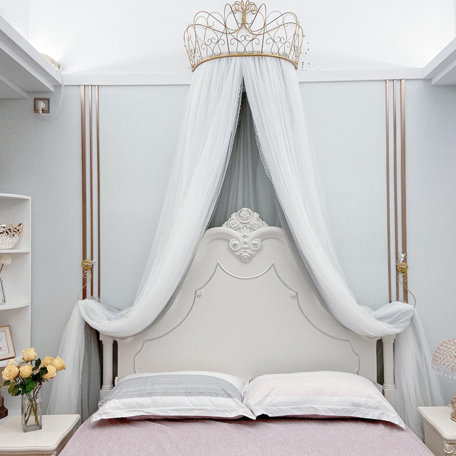MESCXTY Princess Bed Canopy for Girls & Adults, Elegant Double Layer Curtain with Crown, Romantic Tents Valance(Twin to Twin XL, Gray1)