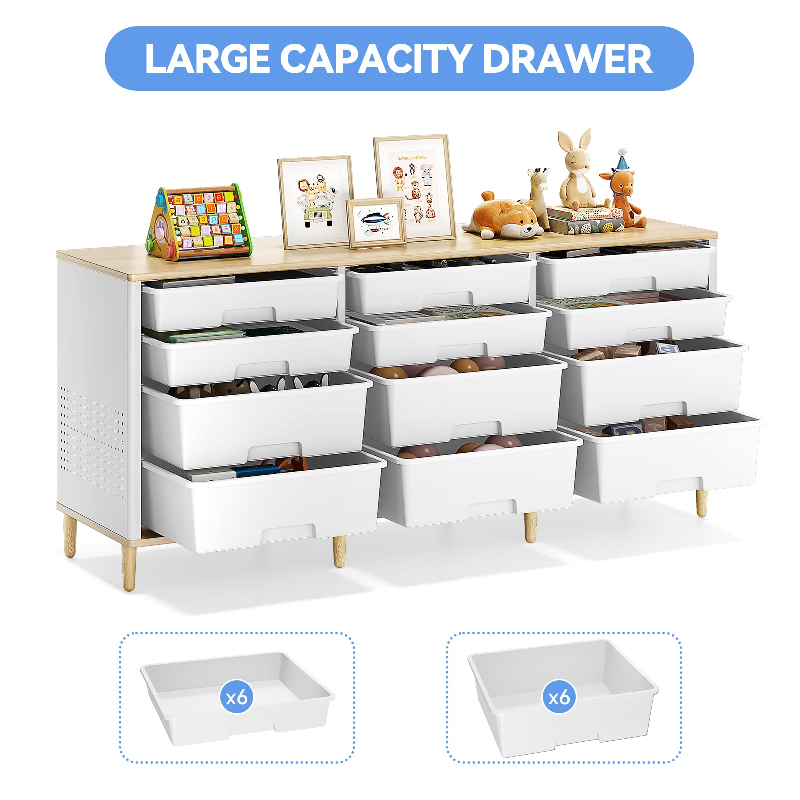 Storage Cabinet with 12 Drawers, Home Storage With Wooden Tabletop, Cube Storage Organizer for Living Room, Bedroom, Classroom, Office, Playroom, Craft Room, (White)