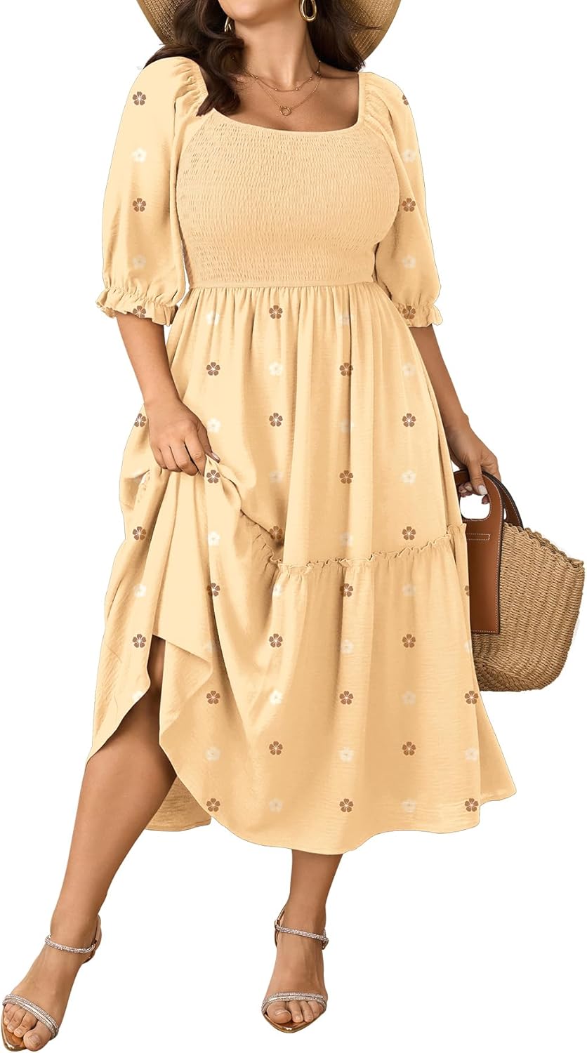 Women's Plus Size Maxi Dress Puff Short Sleeve Square Neck Floral Casual Boho Tiered Smocked Ruffle Flowy Long Dresses
