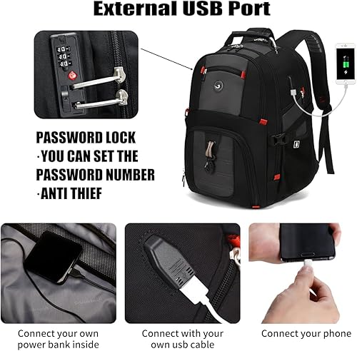 Miniatura 18 de Shrradoo Mochila de viaje extragrande para laptop, 52 litros, con puerto de carga USB, para portátiles de 17 pulgadas, para hombres y mujeres