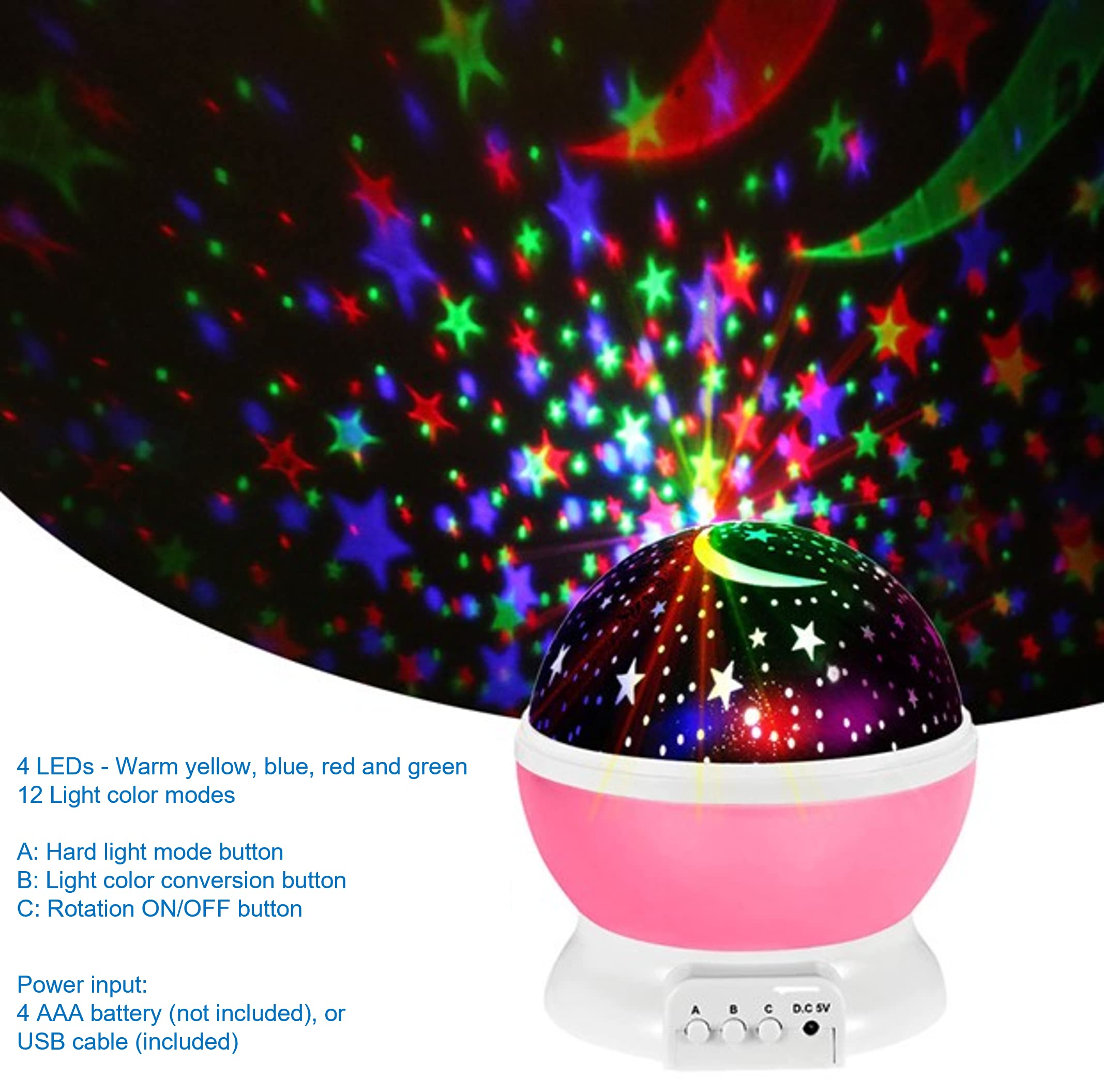 KD Star Night Light Projector, Star Master, 12 Color Changing Modes with USB Cable, Rotating Moon and Star Projector, for Bedroom, Sleepover Party Décor, Birthday Gift (Pink)