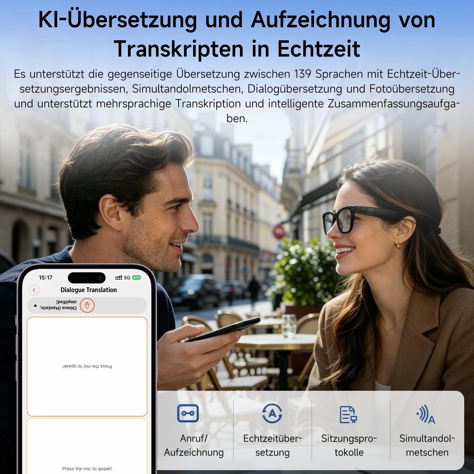 Smart Glasses mit KI & Bluetooth-Anrufe, ChatGPT-Sprachassistent, UV-Schutz
