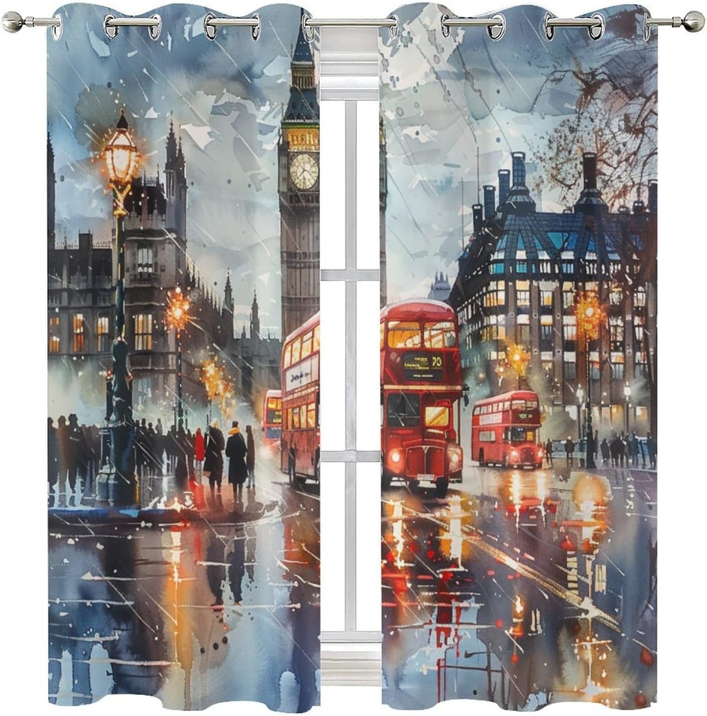 England London Street Blackout Curtains for Bedroom/Living Room, Famous Cityscape Landmark Grommet Curtains Thermal Insulated Window Drapes, 2 Panels, Each 21W x 45L