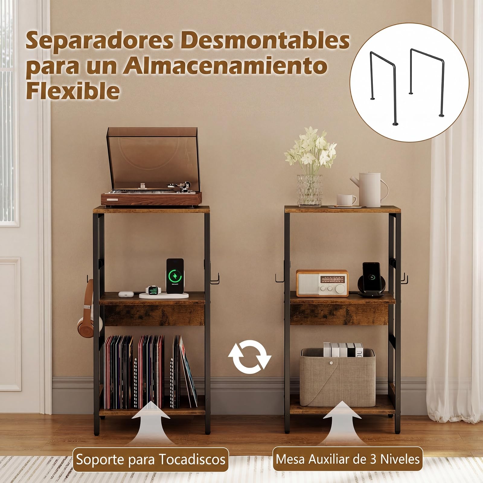 COSTWAY Soporte para Tocadiscos con Estación de Carga, Mueble Tocadiscos Vinilos con Separadores, 3 Ganchos, Mueble de Almacenamiento de 3 Niveles para Discos Álbumes Salón (40×30×78cm)