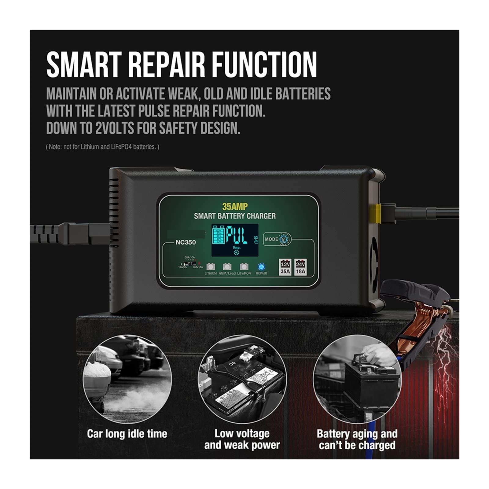 FAXIOAWA Caricatore di Mantenimento Intelligente 35A 12V-24V Caricabatteria Intelligente per Riparazione batterie per Auto Moto Batteria al Piombo Acido AGM Gel PB al Litio LiFePo4