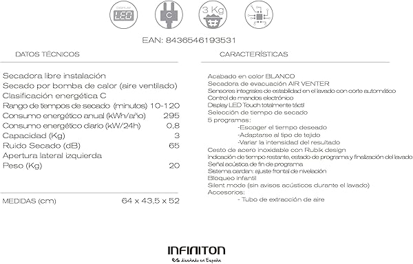 INFINITON | Secadora SD-3M | Evacuación | Capacidad 3Kg | Sensores LED | Funcion Anti-arrugas | Clase Energética C | 5 Programas |Bloqueo Infantil | - 5