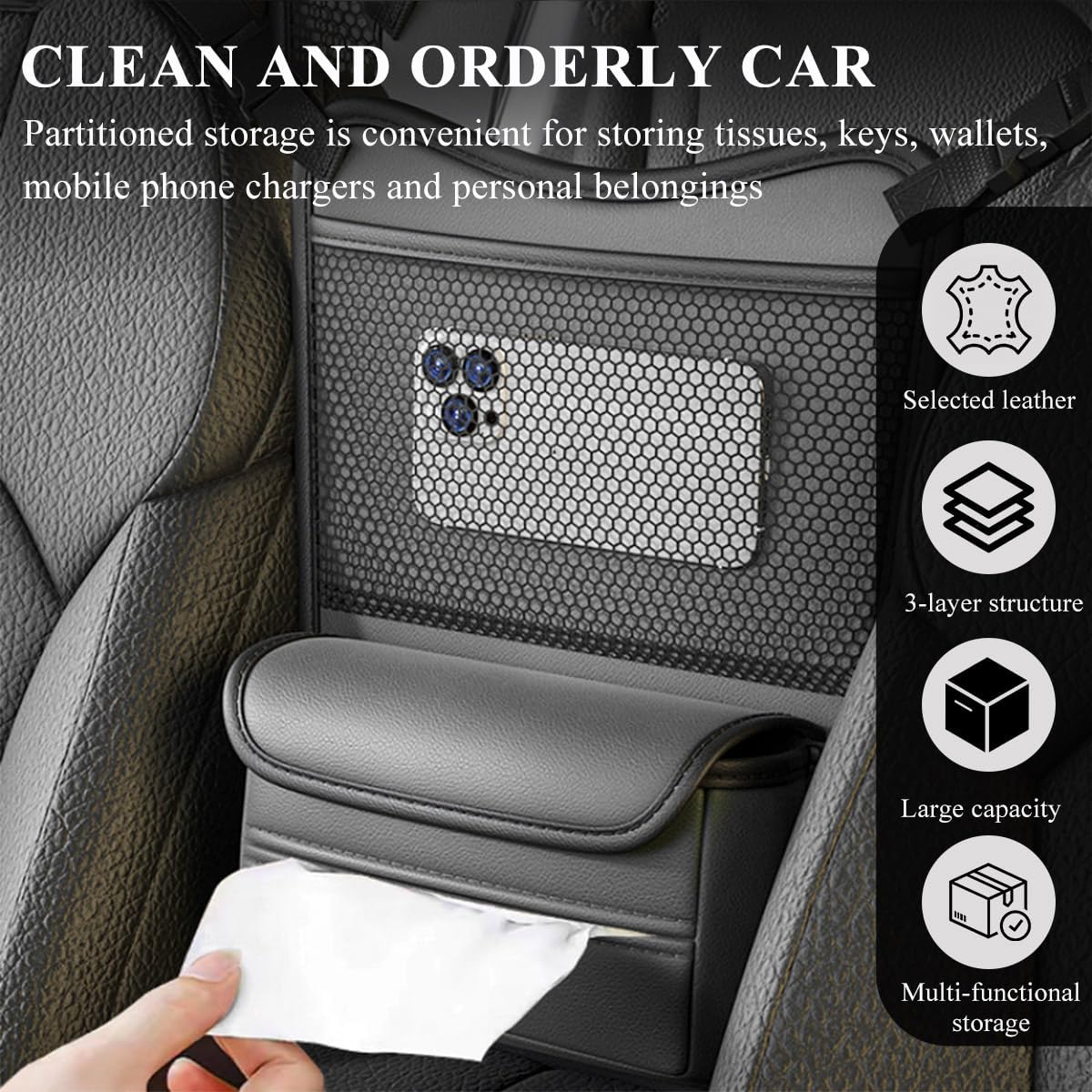 DXNQ Car Organizer Storage Between Seats, Leather Large Capacity Automobile Handbag Hanging Store Content Bag, Auto Console Organizer Holder for Snack Phone Document Storages, Car Accessories (Gray)