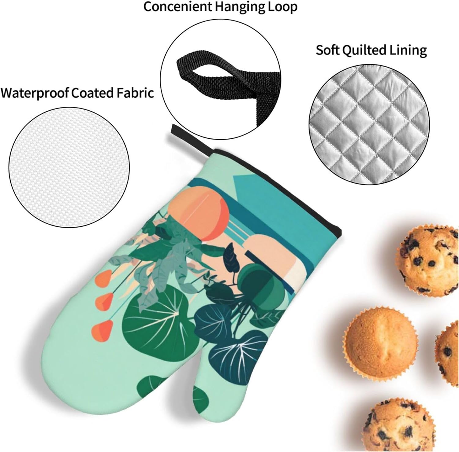 Indoor Cartoon Potted Green Plants Patterned Kitchen Baking 4-Piece Set, High Temperature Resistant Oven Mitts and Potholders Set for Cooking Baking Grilling