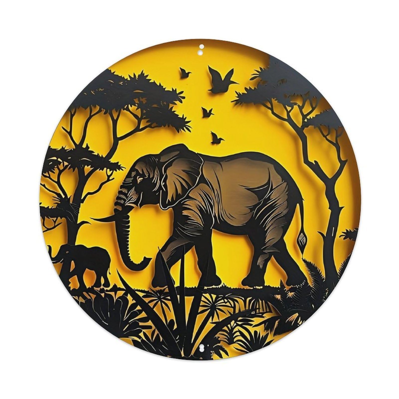 African Elephant Silhouette Sunset Scene Metal Tin Sign Plaque
