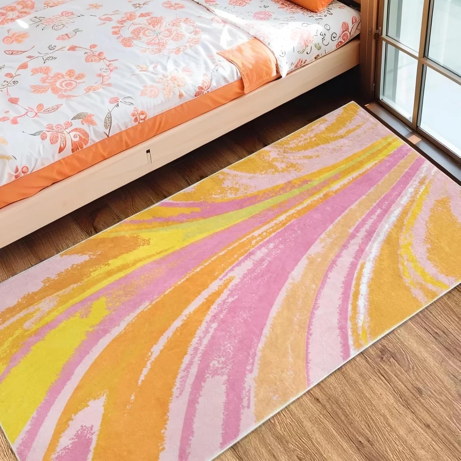 ABREEZE Colorful Striped Rug, Soft Fluffy Shaggy Decor Non-Slip Washable Carpet for Bedroom Living Room Pink and Yellow Runner Rug 31.5”x63”