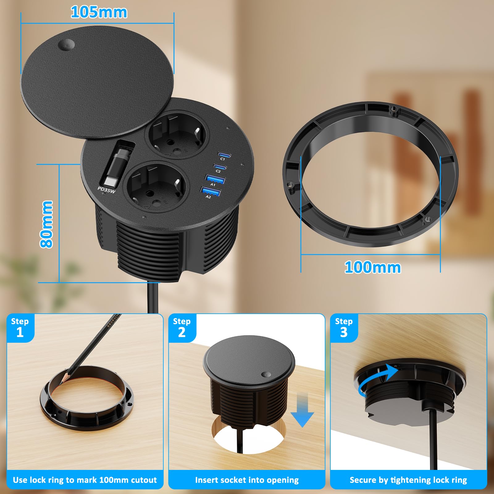 Toma empotrable encimera con USB C PD 35 W, multitoma empotrable de escritorio con tapa, bloque de enchufe escalable con cable de 1,8 m para cocina, oficina muebles