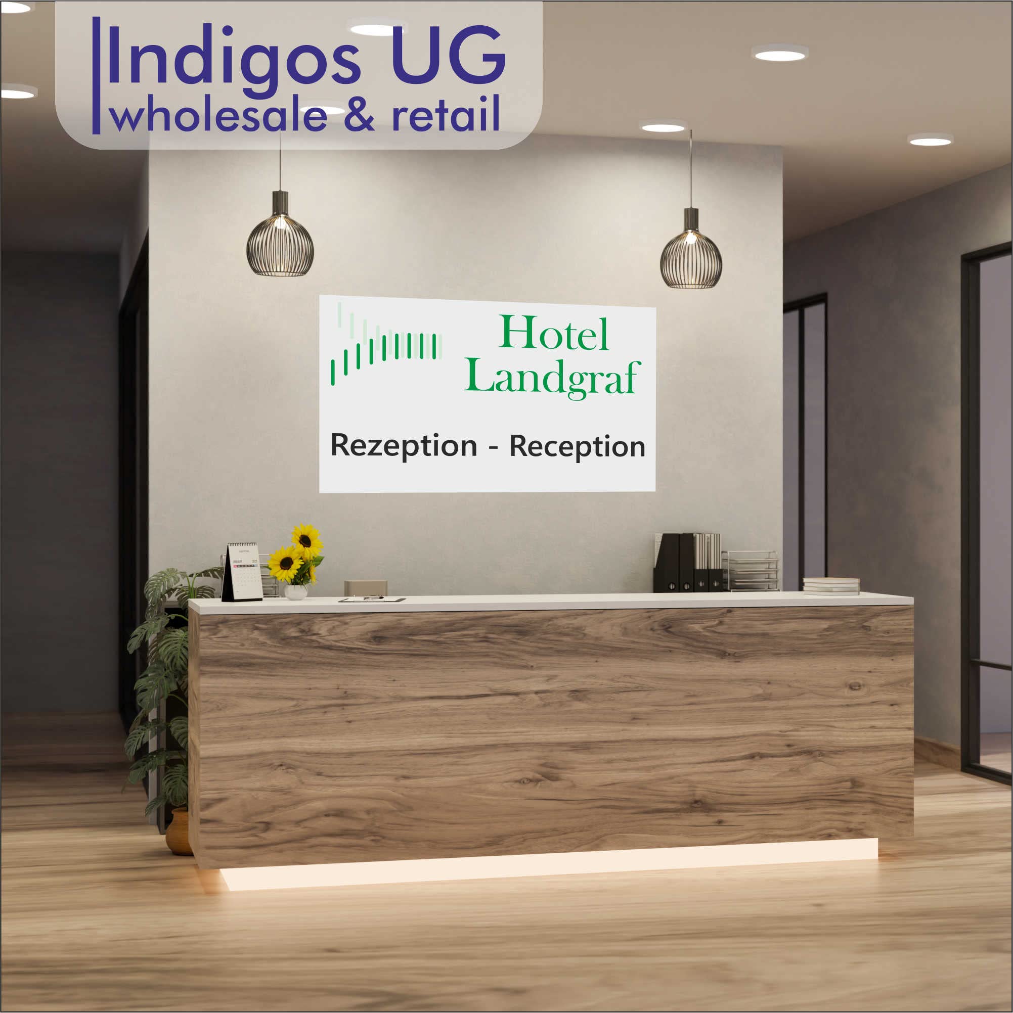 INDIGOS UG - Firmenschild - Schilder selbst gestalten 200x100 cm - mit Ihrem Logo, Firmenname, personalisierte Geschenke - Foto & Wunschtext - Schild für Rezeption, Lobby, Firma, Hotel, Empfang,