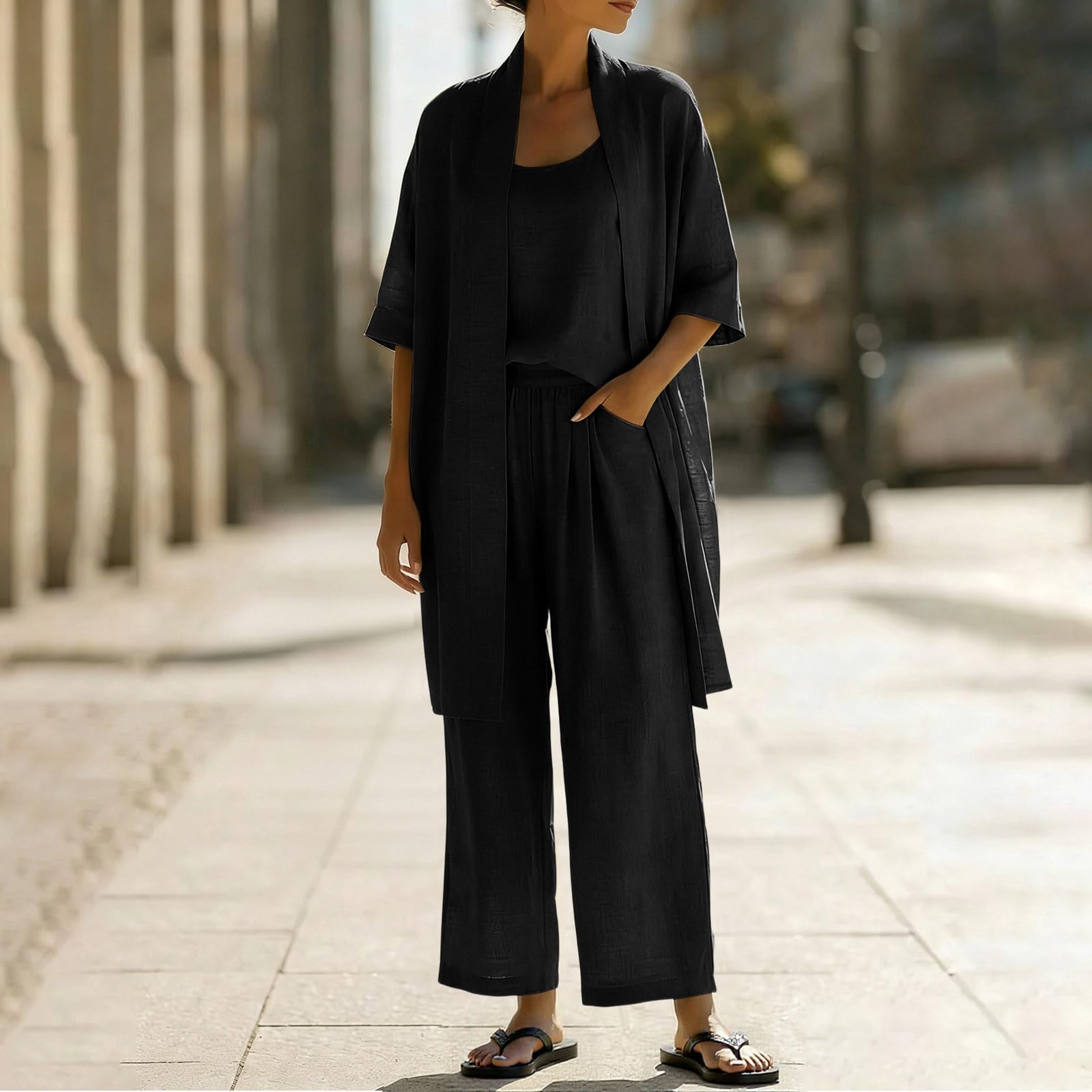 Ensemble 3 Pièces En Lin Pour Femme,Cardigan Ouverte Et Débardeur Et Pantalon Large,Tenue Décontractée Confortable Et Respirante Casual Outfits Set Grande Taille Jogging Ensemble De Plage