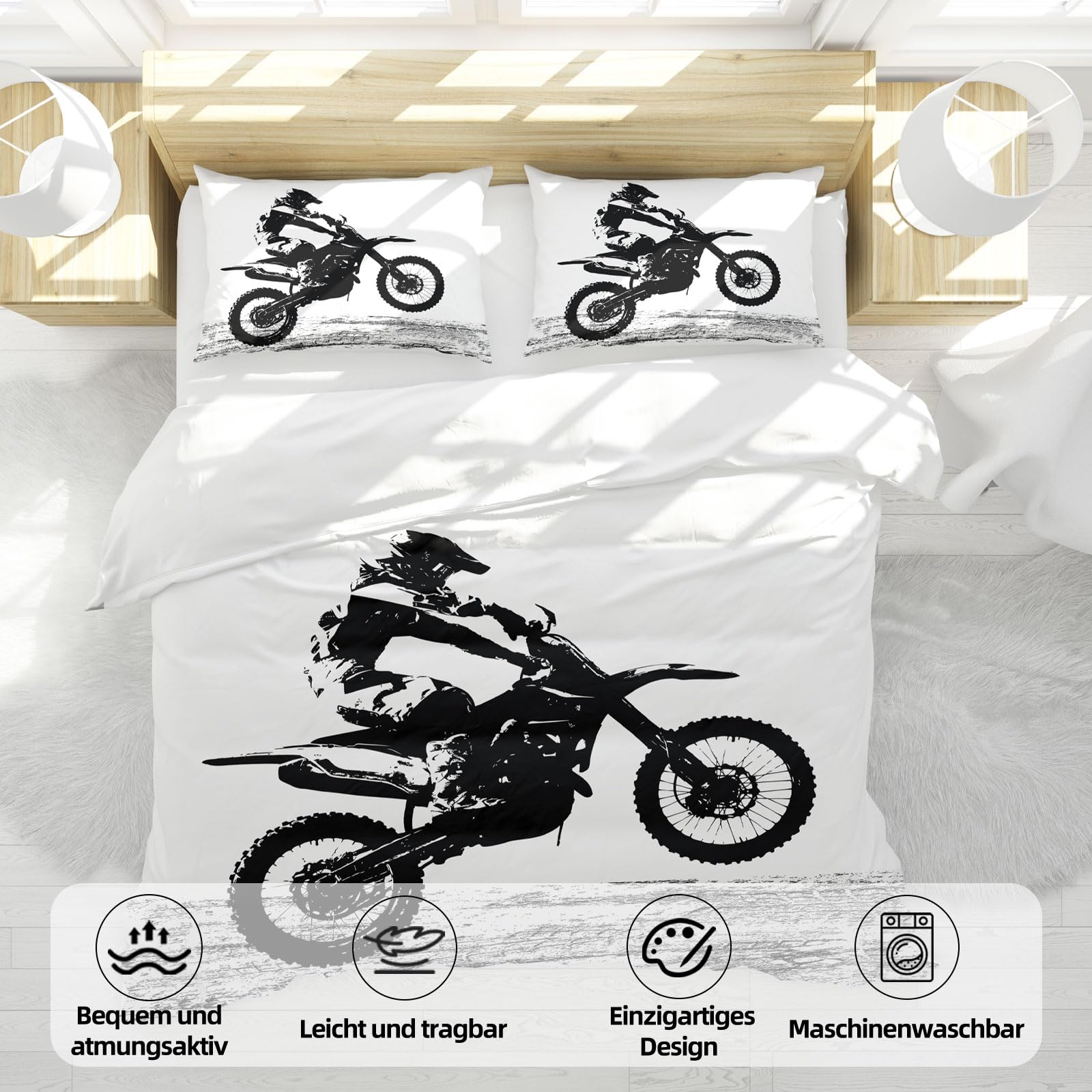 Copripiumino Moto 135 x 200 cm,3D Set di Biancheria da Letto a Tema Moto,con 2 federe da 50 x 75 cm, per adulti e bambini (Motocross-b, 135 x 200 cm)