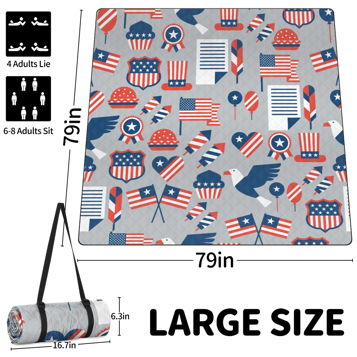Shimoshe Extra Large Picnic Blankets 79”x 79”, Abstract American Flag Waterproof Foldable Picnic Mat with Straps Portable Beach Blanket for Camping Park Grass Beach Indoor