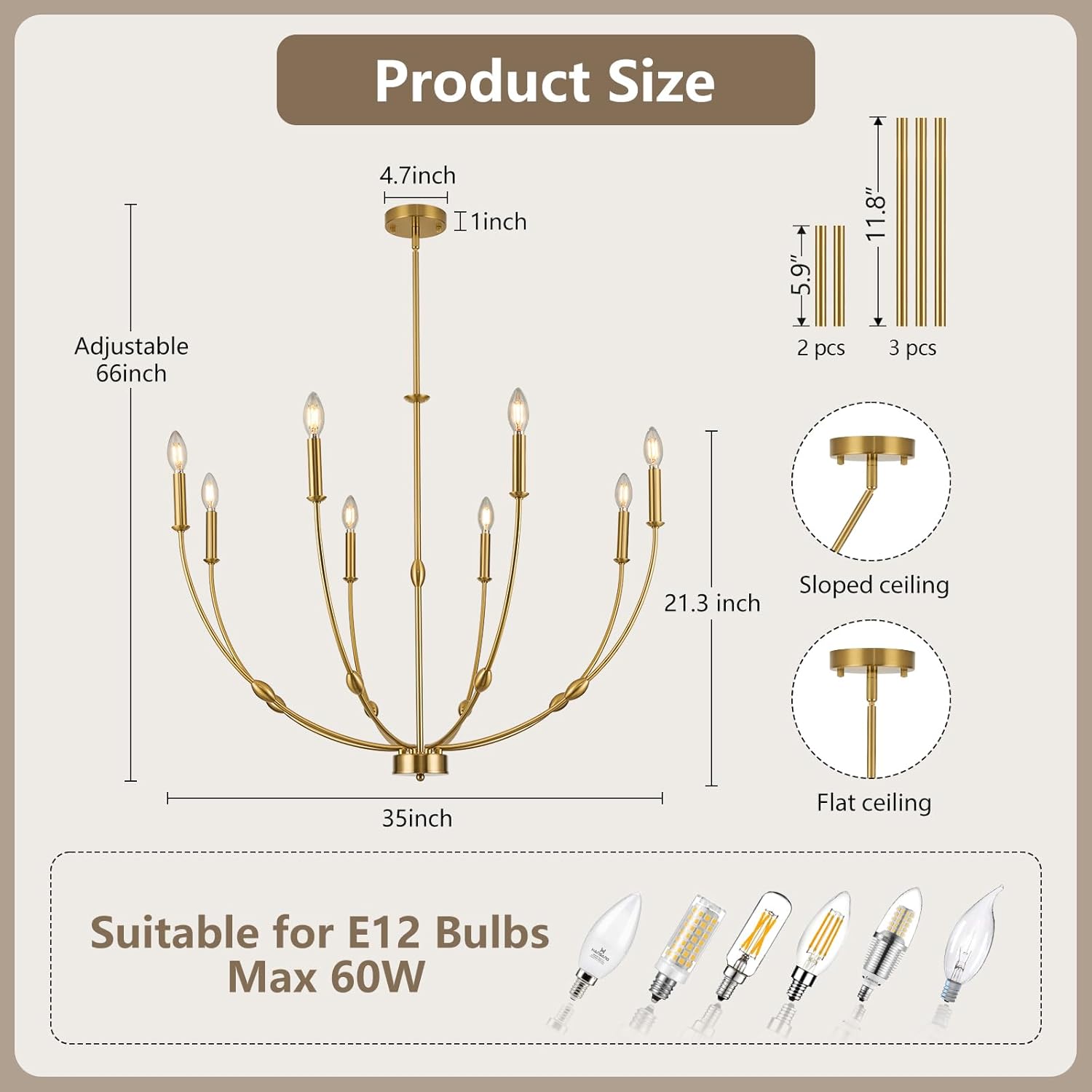 8-Light Candle Chandeliers, 35 Inch Brushed Gold Dining Room Light Fixture, Modern High Ceiling Chandeliers for Living Room, Entryway, Foyer