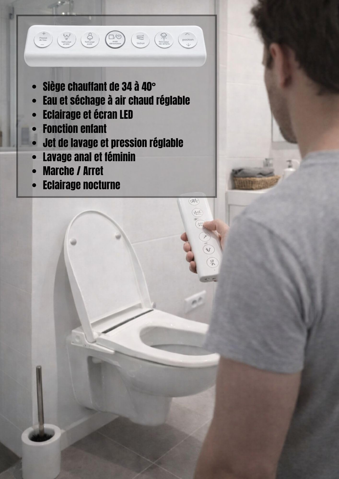 Abattant WC Japonais électrique extra plat Aquaeasy avec Fonction Lavage et Séchage, Siège Chauffant, Télécommande, Affichage LED, Lumière Nocturne, Température Réglable, Blanc