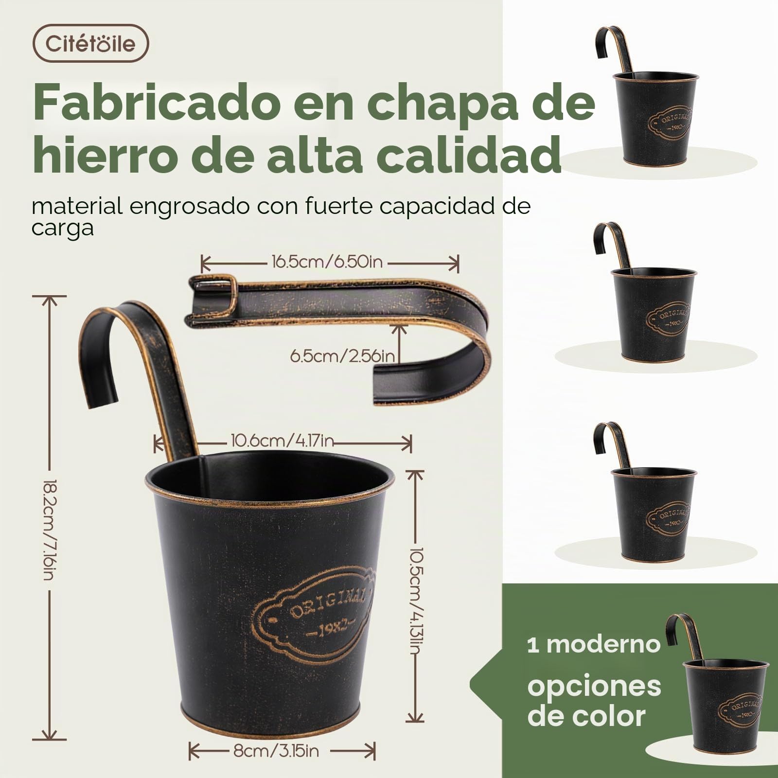 CITÉTOILE Juego de 4 macetas colgantes para balcón con orificio de drenaje, maceta colgante pequeña, maceta de metal, maceta colgante para colgar, vintage