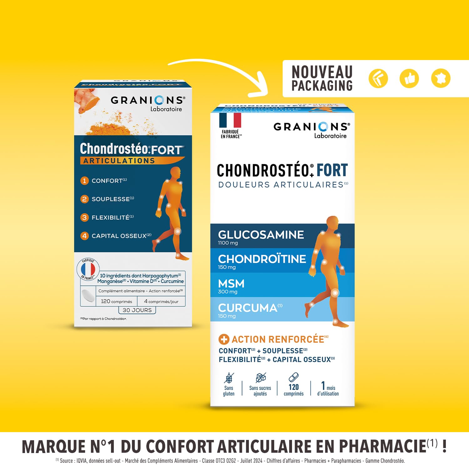 GRANIONS CHONDROSTEO+ FORT Articulations - Formule Renforcée - Curcuma - Mobilité & Souplesse Articulaire, Flexibilité, Capital Osseux - Glucosamine, Chondroïtine, MSM, Curcuma - 120 comprimés
